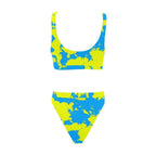 Yellow and Blue Paint Splatter Sport Top & High-Waisted Bikini Swimsuit / Rave Set by BigTexFunkadelic