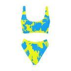 Yellow and Blue Paint Splatter Sport Top & High-Waisted Bikini Swimsuit / Rave Set by BigTexFunkadelic