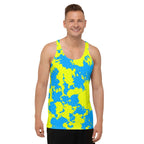 Yellow and Blue Paint Splatter Unisex Tank Top by BigTexFunkadelic