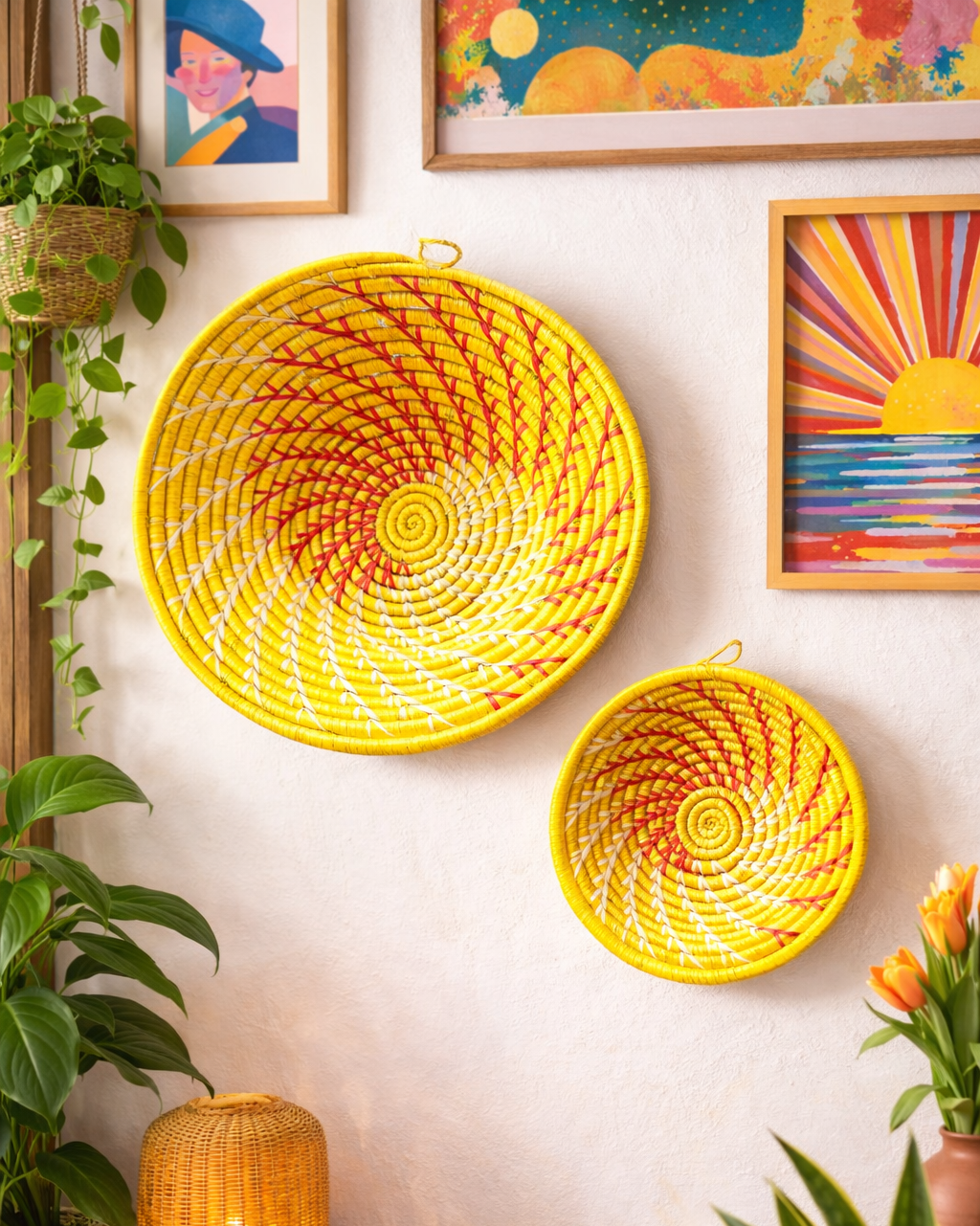 Yellow Woven African Wall Baskets Set of 2 La Vie Bien Yellow Woven African Wall Baskets Set of 2