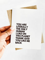 You Are the Only Human I Like Love You Card for Anniversary by Five Dot Post