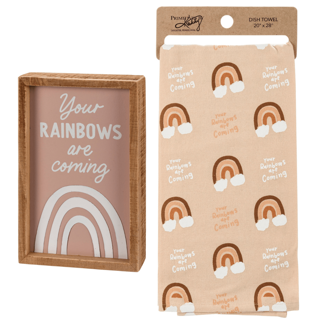 Your Rainbows Are Coming Inspirational Gift | Decor Sign and Tea Towel Bundle Decor La Vie Bien Your Rainbows Are Coming Inspirational Gift | Decor Sign and Tea Towel Bundle
