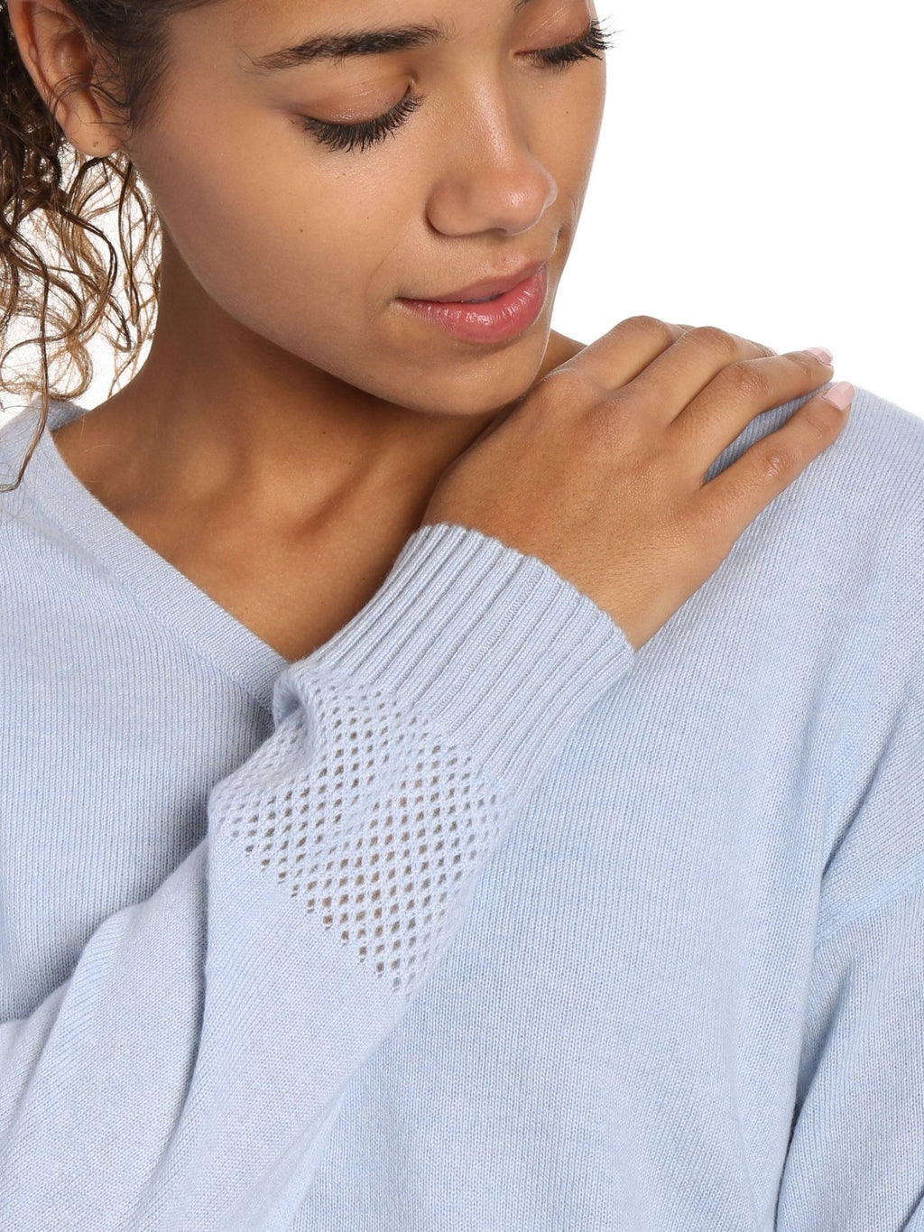 Zainuno Moizni Women's 100% Cashmere V-Neck Sweater with Mesh Sleeve pullover-sweaters La Vie Bien Zainuno Moizni Women's 100% Cashmere V-Neck Sweater with Mesh Sleeve
