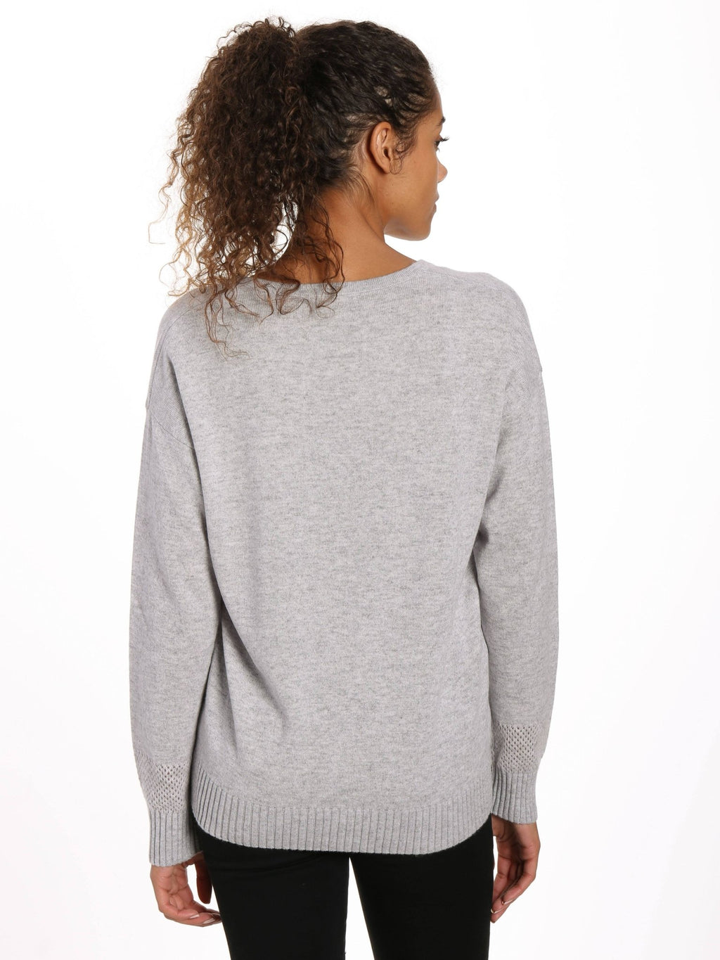 Zainuno Moizni Women's 100% Cashmere V-Neck Sweater with Mesh Sleeve pullover-sweaters La Vie Bien Zainuno Moizni Women's 100% Cashmere V-Neck Sweater with Mesh Sleeve