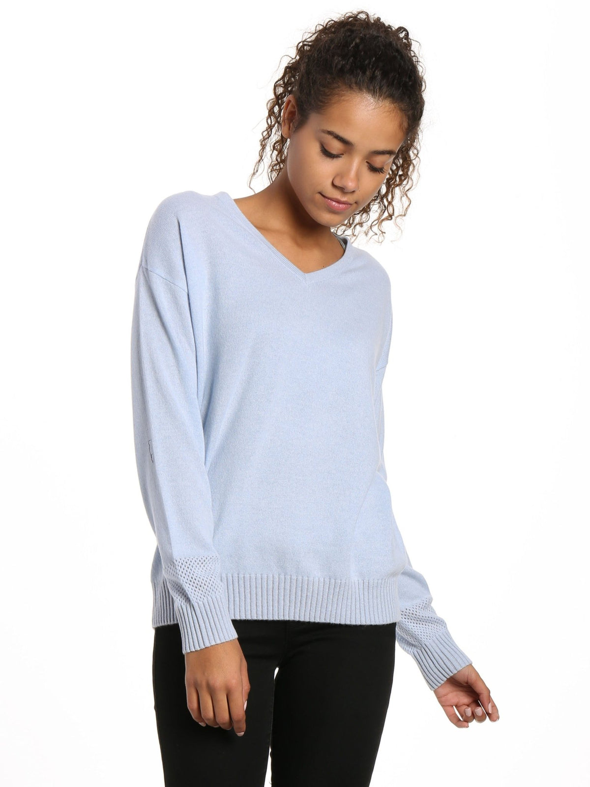 Zainuno Moizni Women's 100% Cashmere V-Neck Sweater with Mesh Sleeve pullover-sweaters La Vie Bien Zainuno Moizni Women's 100% Cashmere V-Neck Sweater with Mesh Sleeve