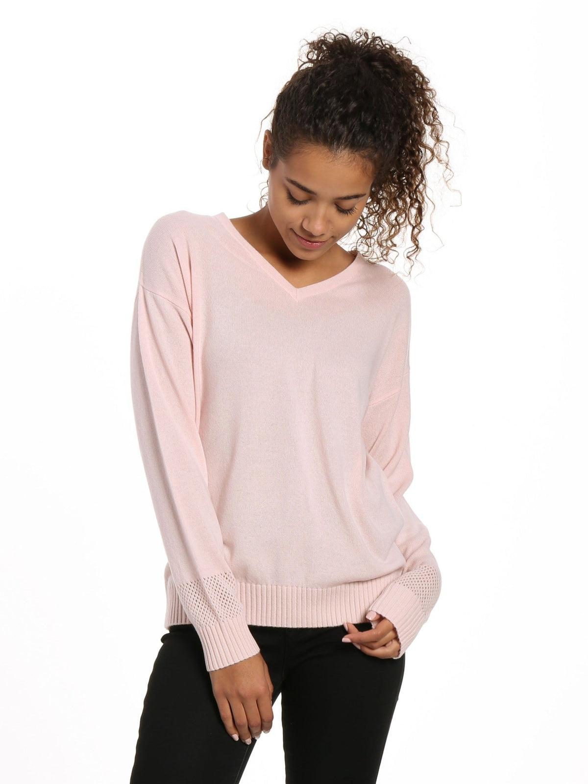 Zainuno Moizni Women's 100% Cashmere V-Neck Sweater with Mesh Sleeve pullover-sweaters La Vie Bien Zainuno Moizni Women's 100% Cashmere V-Neck Sweater with Mesh Sleeve