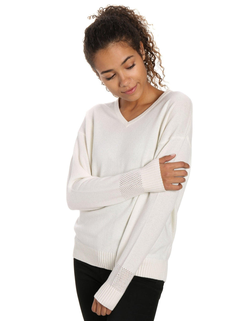 Zainuno Moizni Women's 100% Cashmere V-Neck Sweater with Mesh Sleeve pullover-sweaters La Vie Bien Zainuno Moizni Women's 100% Cashmere V-Neck Sweater with Mesh Sleeve