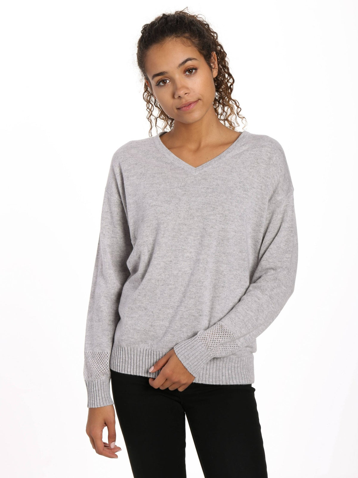 Zainuno Moizni Women's 100% Cashmere V-Neck Sweater with Mesh Sleeve pullover-sweaters La Vie Bien Zainuno Moizni Women's 100% Cashmere V-Neck Sweater with Mesh Sleeve