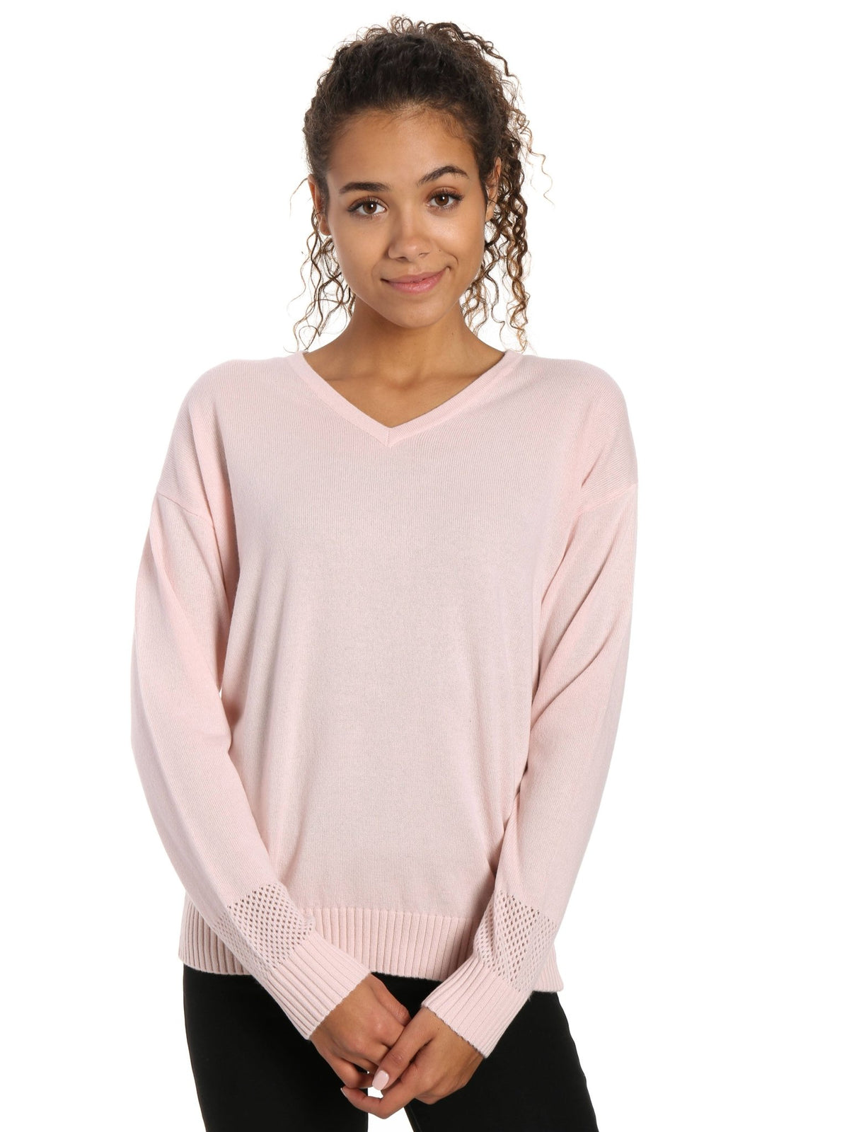 Zainuno Moizni Women's 100% Cashmere V-Neck Sweater with Mesh Sleeve pullover-sweaters La Vie Bien Zainuno Moizni Women's 100% Cashmere V-Neck Sweater with Mesh Sleeve