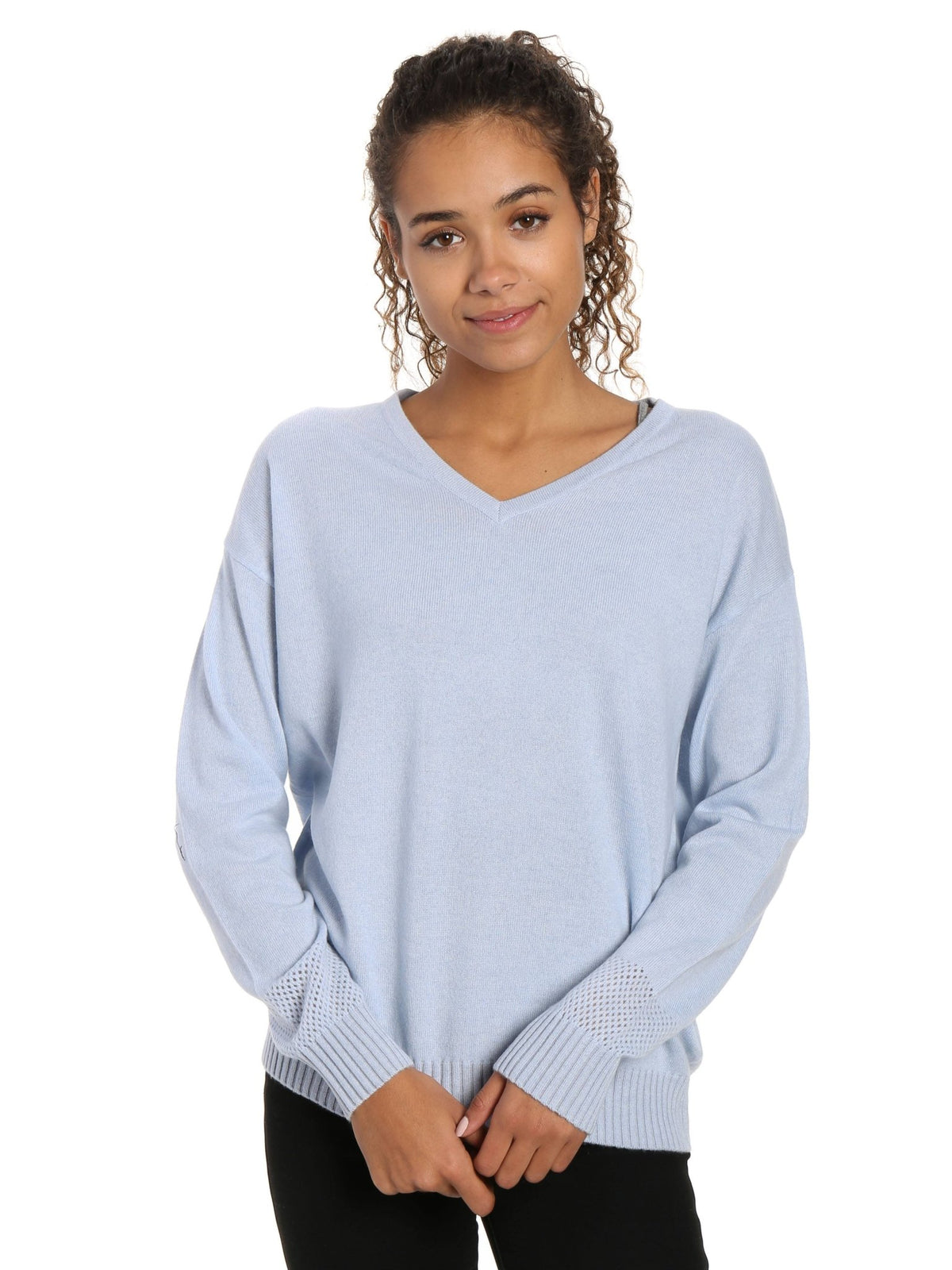Zainuno Moizni Women's 100% Cashmere V-Neck Sweater with Mesh Sleeve pullover-sweaters La Vie Bien Zainuno Moizni Women's 100% Cashmere V-Neck Sweater with Mesh Sleeve