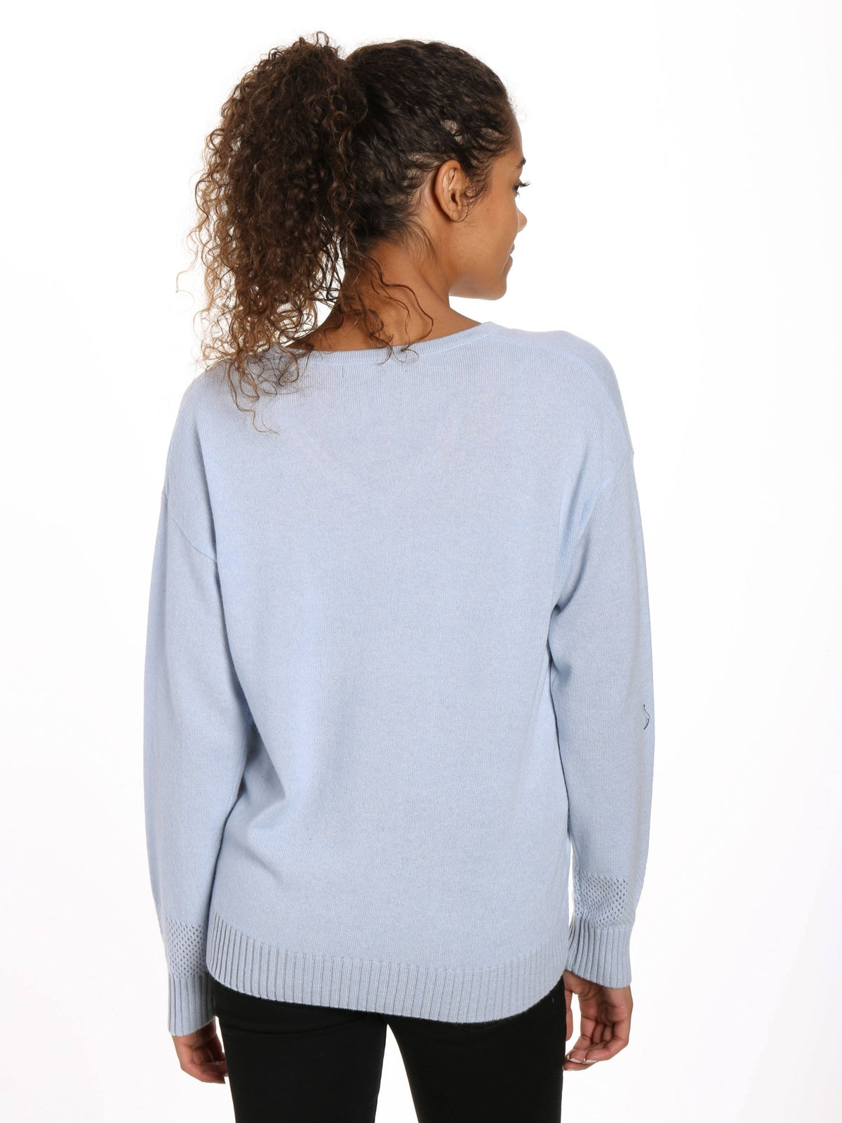 Zainuno Moizni Women's 100% Cashmere V-Neck Sweater with Mesh Sleeve pullover-sweaters La Vie Bien Zainuno Moizni Women's 100% Cashmere V-Neck Sweater with Mesh Sleeve