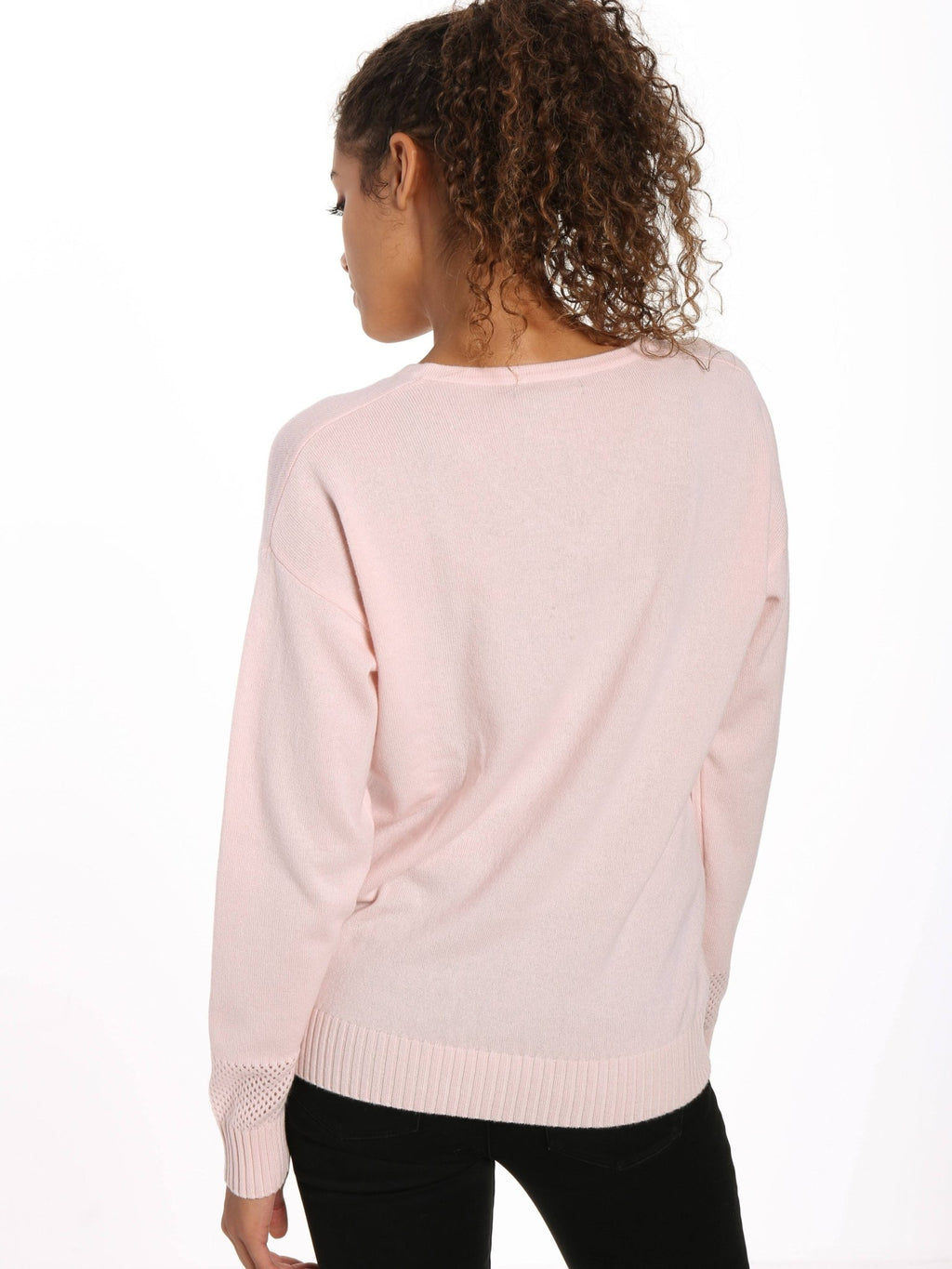 Zainuno Moizni Women's 100% Cashmere V-Neck Sweater with Mesh Sleeve pullover-sweaters La Vie Bien Zainuno Moizni Women's 100% Cashmere V-Neck Sweater with Mesh Sleeve