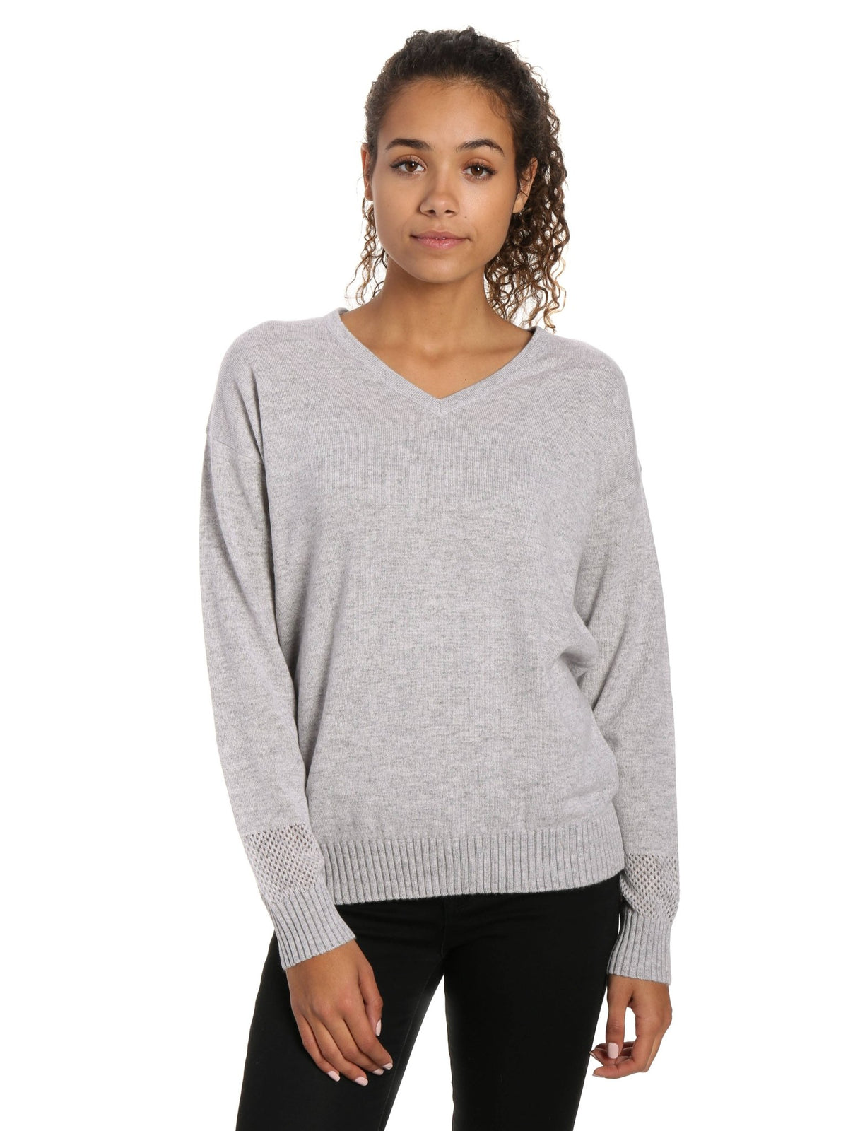 Zainuno Moizni Women's 100% Cashmere V-Neck Sweater with Mesh Sleeve pullover-sweaters La Vie Bien Zainuno Moizni Women's 100% Cashmere V-Neck Sweater with Mesh Sleeve