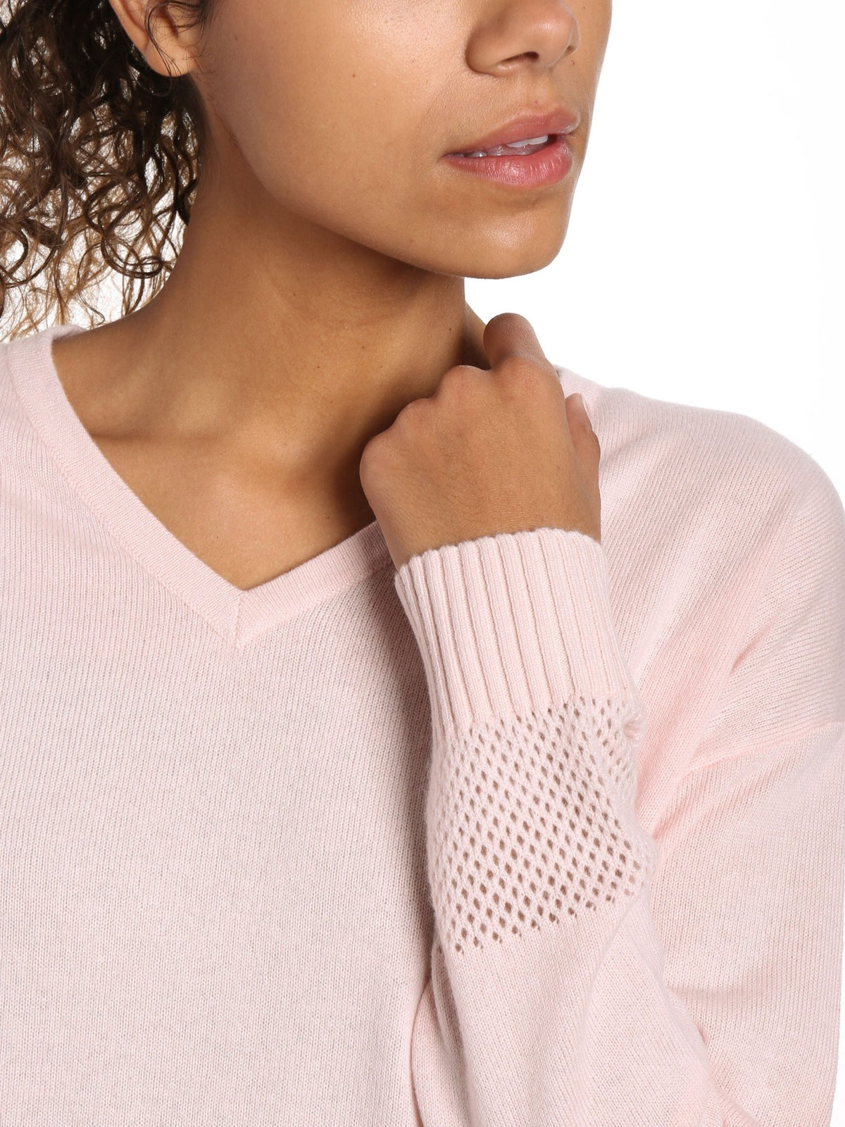 Zainuno Moizni Women's 100% Cashmere V-Neck Sweater with Mesh Sleeve pullover-sweaters La Vie Bien Zainuno Moizni Women's 100% Cashmere V-Neck Sweater with Mesh Sleeve