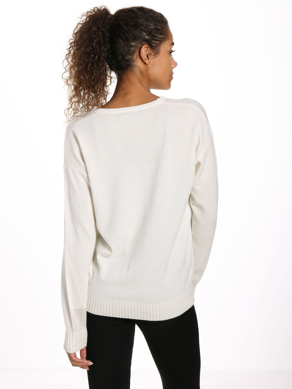 Zainuno Moizni Women's 100% Cashmere V-Neck Sweater with Mesh Sleeve pullover-sweaters La Vie Bien Zainuno Moizni Women's 100% Cashmere V-Neck Sweater with Mesh Sleeve