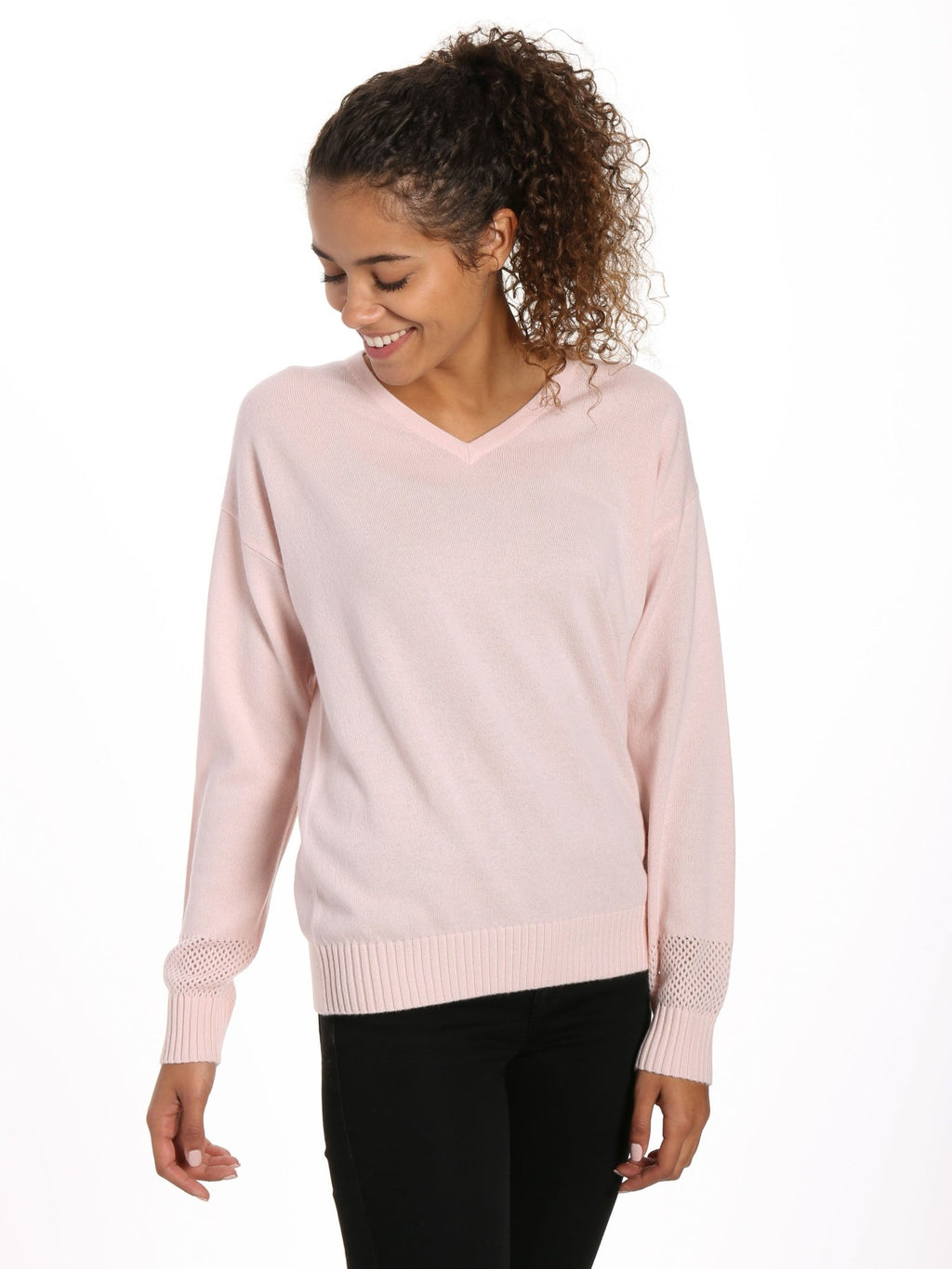 Zainuno Moizni Women's 100% Cashmere V-Neck Sweater with Mesh Sleeve pullover-sweaters La Vie Bien Zainuno Moizni Women's 100% Cashmere V-Neck Sweater with Mesh Sleeve