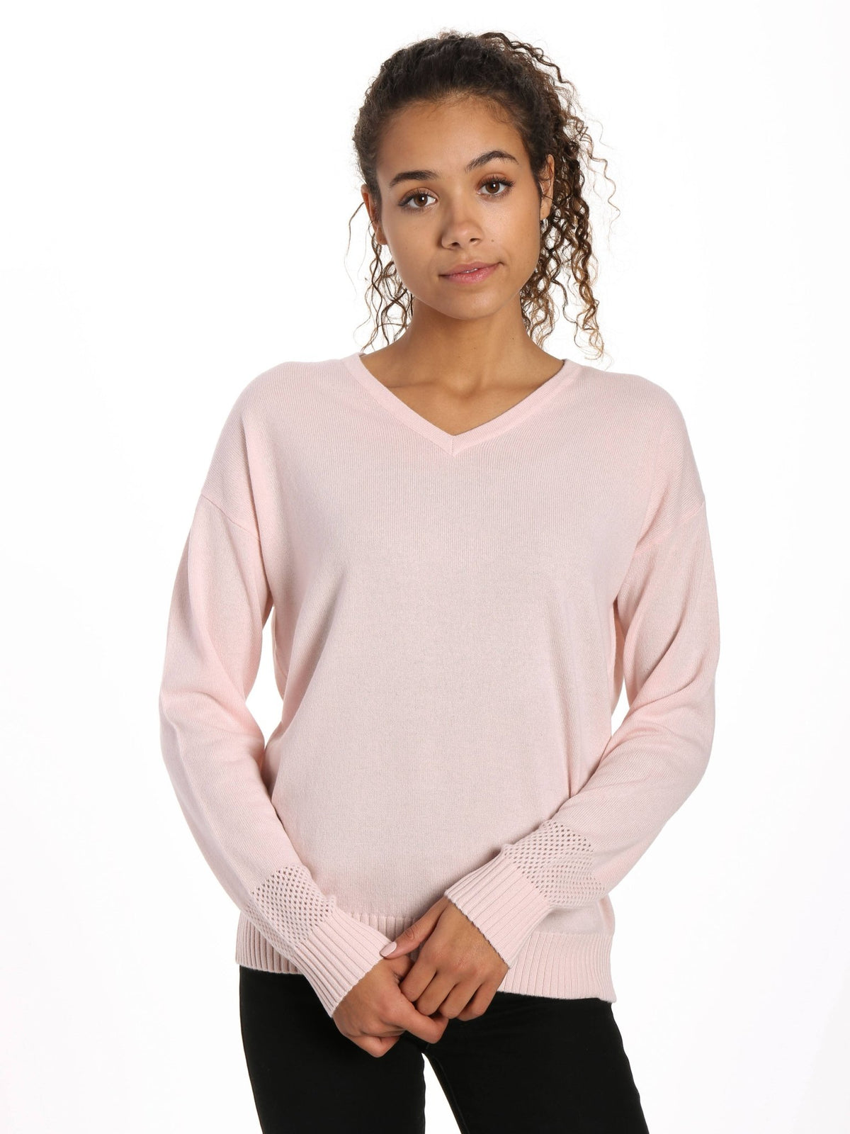 Zainuno Moizni Women's 100% Cashmere V-Neck Sweater with Mesh Sleeve pullover-sweaters La Vie Bien Zainuno Moizni Women's 100% Cashmere V-Neck Sweater with Mesh Sleeve