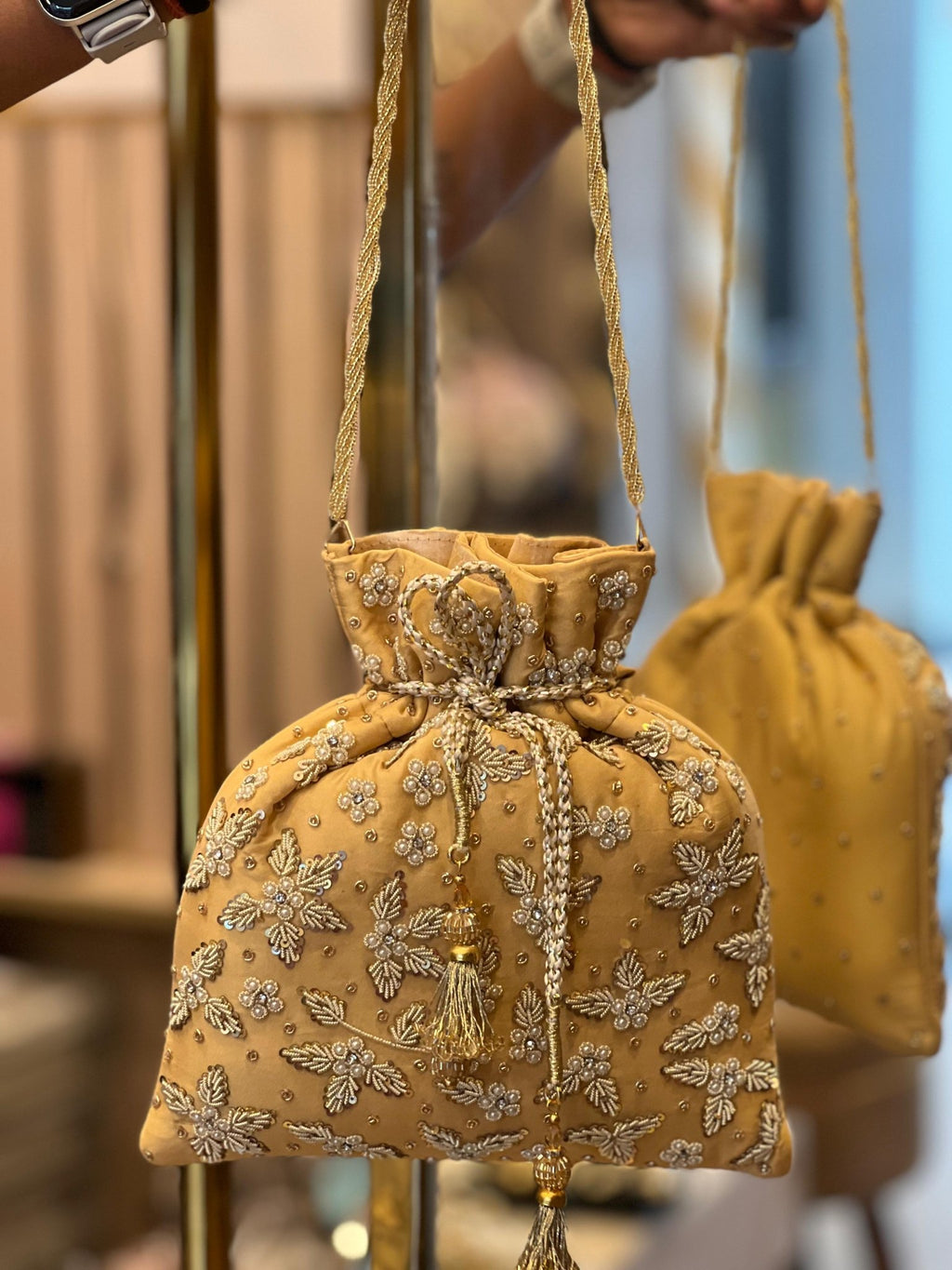 Zardosi Work Silk Potli Bag with Hand Embroidery & Designer Closing Thread La Vie Bien Zardosi Work Silk Potli Bag with Hand Embroidery & Designer Closing Thread