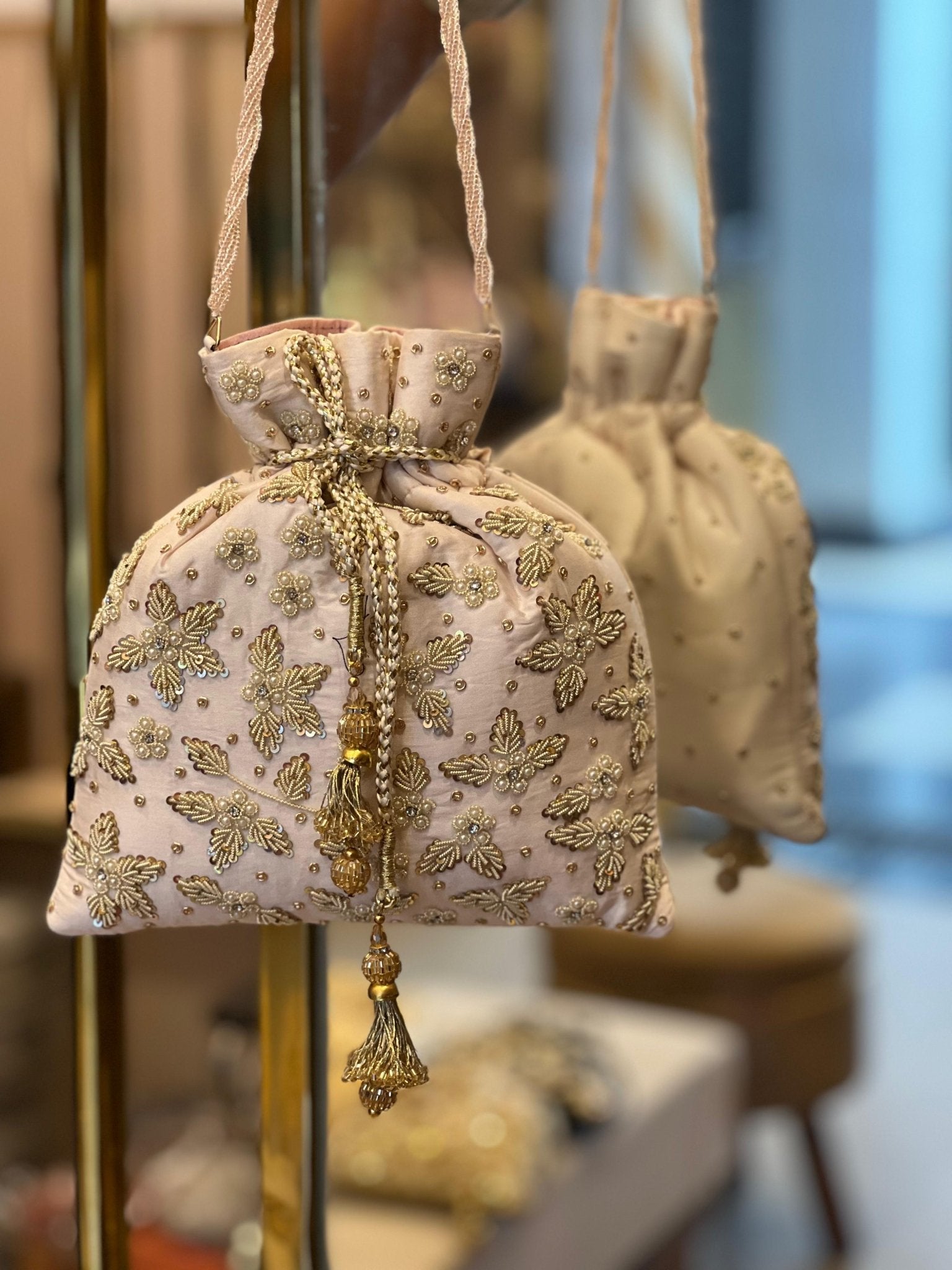 Zardosi Work Silk Potli Bag with Hand Embroidery & Designer Closing Thread La Vie Bien Zardosi Work Silk Potli Bag with Hand Embroidery & Designer Closing Thread