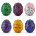 6 Hand Painted Geometric Ukrainian Wooden Easter Eggs Pysanky