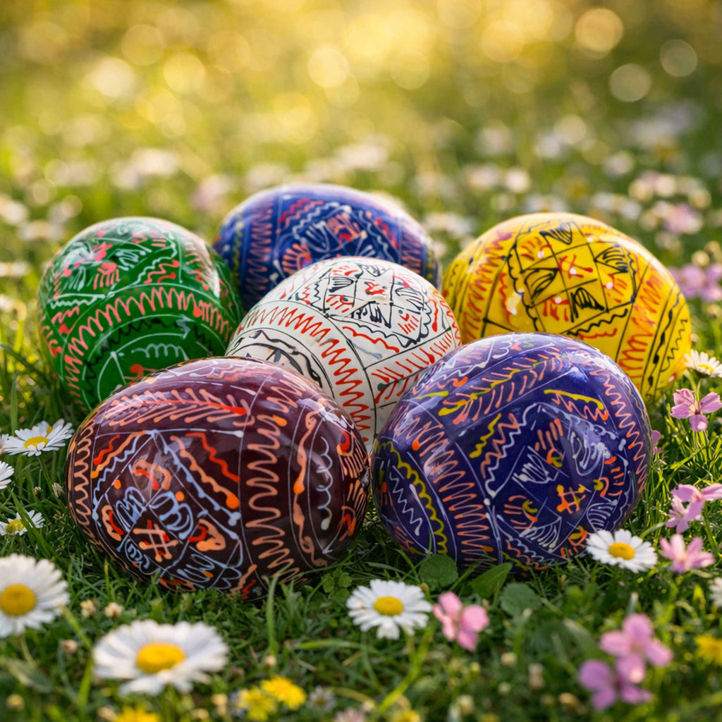6 Hand Painted Geometric Ukrainian Wooden Easter Eggs Pysanky