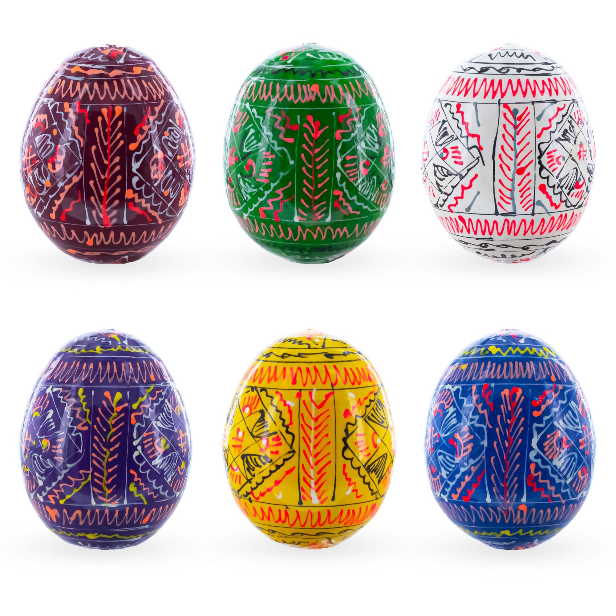 6 Hand Painted Geometric Ukrainian Wooden Easter Eggs Pysanky