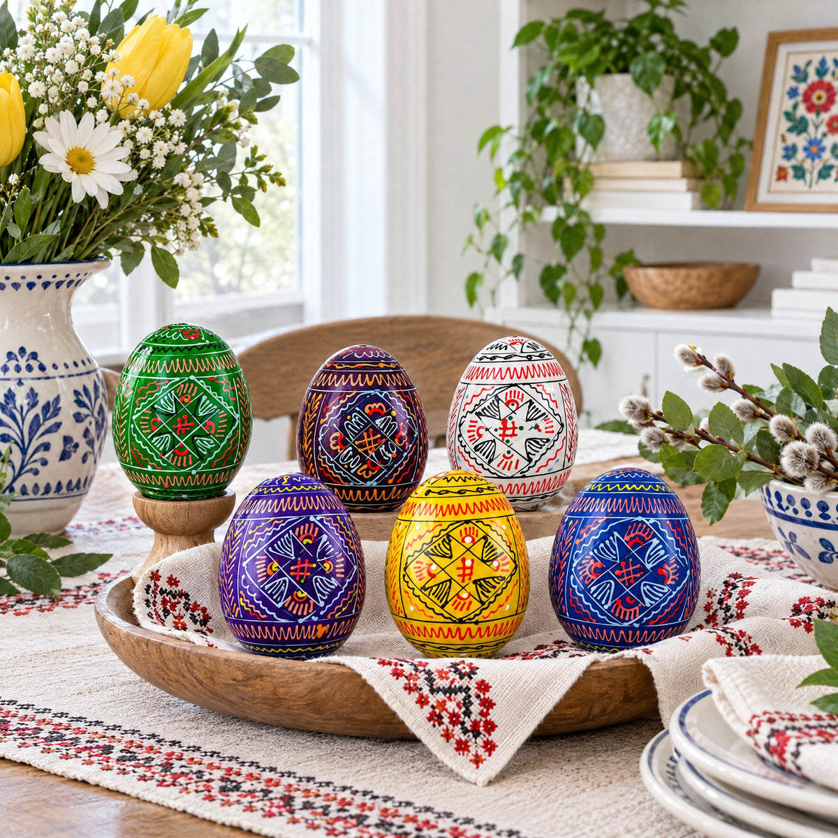 6 Hand Painted Geometric Ukrainian Wooden Easter Eggs Pysanky