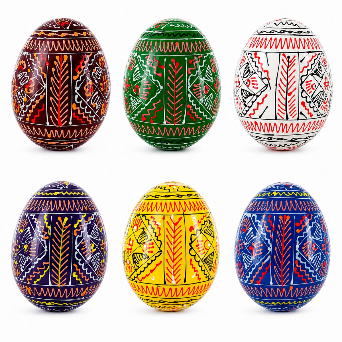 6 Hand Painted Geometric Ukrainian Wooden Easter Eggs Pysanky