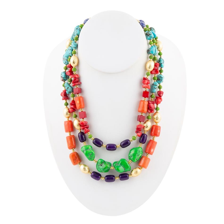 Zion Multi-Color Triple Strand Golden Statement Necklace Necklaces La Vie Bien Zion Multi-Color Triple Strand Golden Statement Necklace